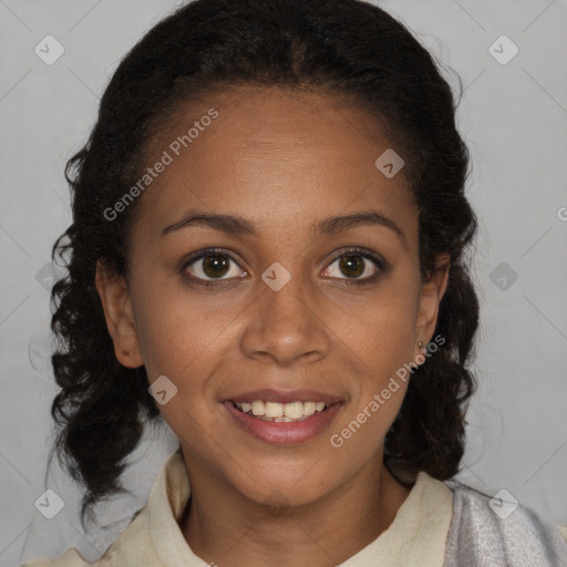 Joyful black young-adult female with medium  brown hair and brown eyes