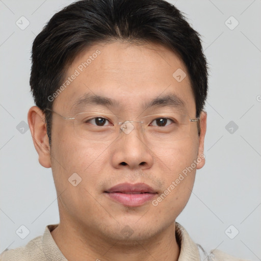 Joyful asian young-adult male with short  brown hair and brown eyes