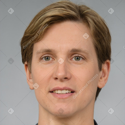 Joyful white adult male with short  brown hair and grey eyes