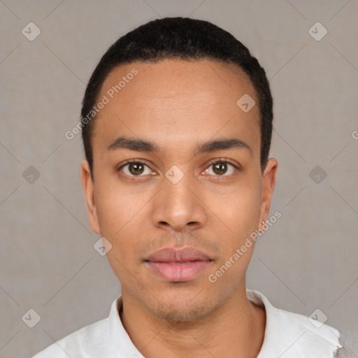 Neutral latino young-adult male with short  black hair and brown eyes