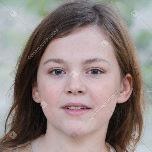 Joyful white child female with medium  brown hair and brown eyes