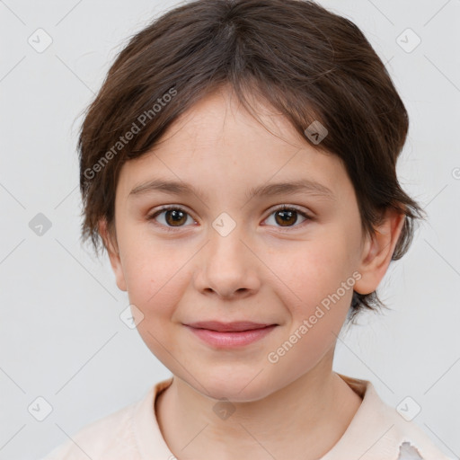 Joyful white child female with medium  brown hair and brown eyes