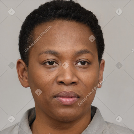 Joyful black young-adult female with short  black hair and brown eyes