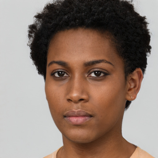 Neutral black young-adult female with short  brown hair and brown eyes