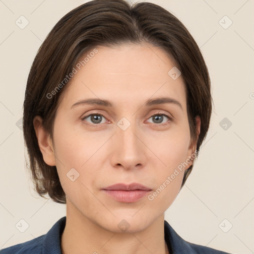 Neutral white young-adult female with medium  brown hair and brown eyes