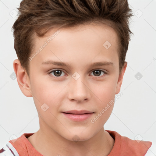 Joyful white child female with short  brown hair and brown eyes