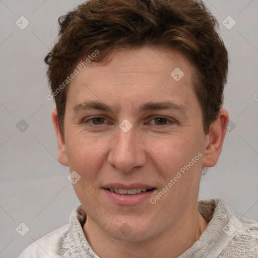 Joyful white adult female with short  brown hair and grey eyes