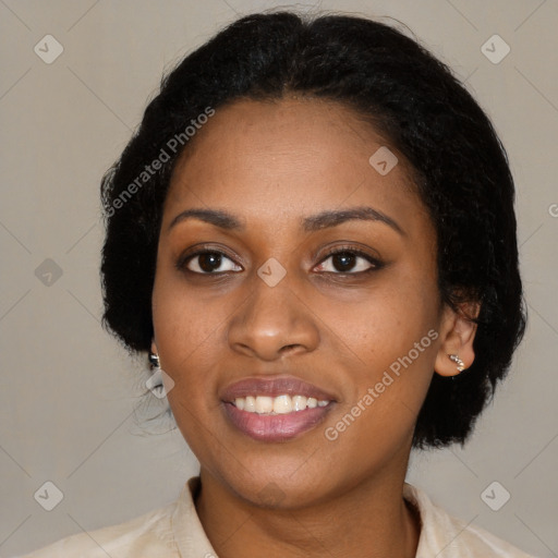 Joyful black young-adult female with medium  black hair and brown eyes