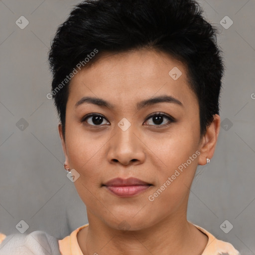 Joyful asian young-adult female with short  black hair and brown eyes