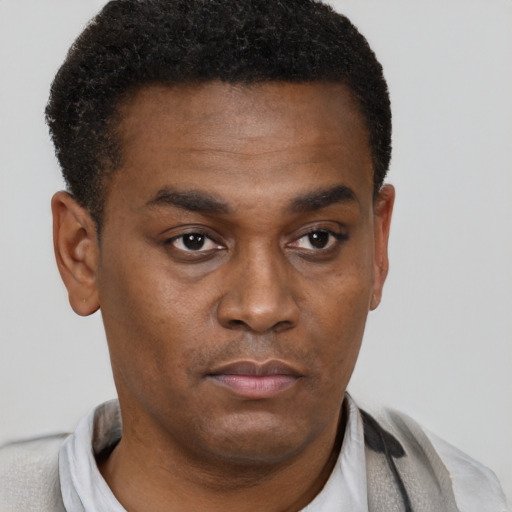 Neutral black young-adult male with short  black hair and brown eyes