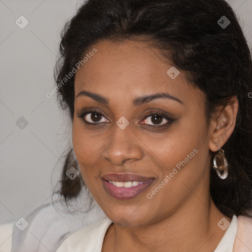 Joyful black young-adult female with medium  brown hair and brown eyes