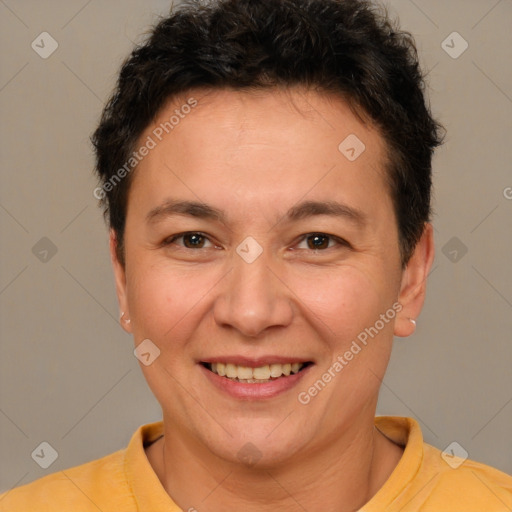 Joyful white adult female with short  brown hair and brown eyes