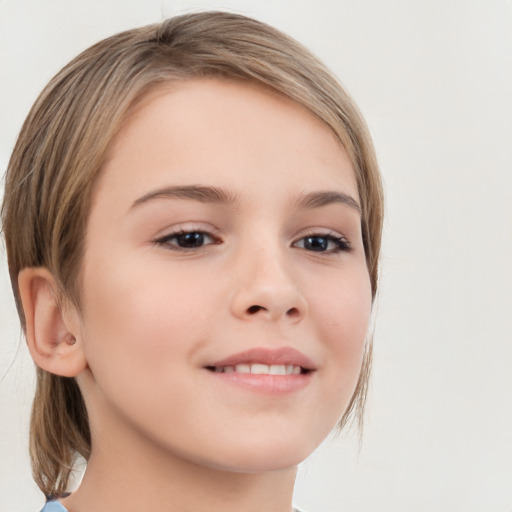 Joyful white child female with medium  brown hair and brown eyes