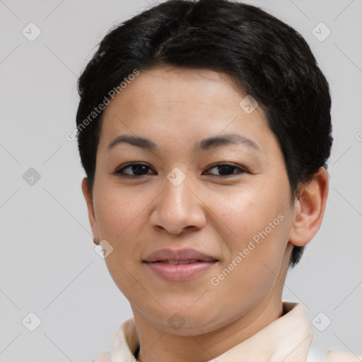 Joyful asian young-adult female with short  brown hair and brown eyes