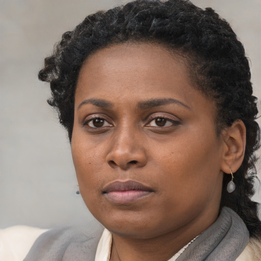 Neutral black young-adult female with short  black hair and brown eyes