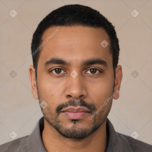 Neutral latino young-adult male with short  black hair and brown eyes