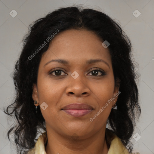 Joyful black young-adult female with medium  brown hair and brown eyes