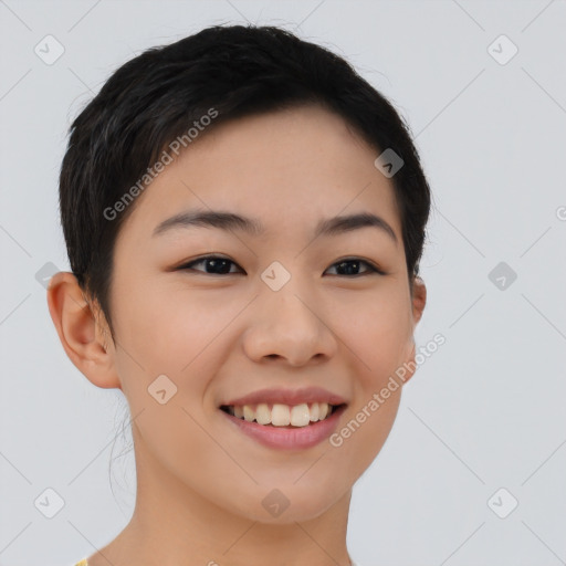 Joyful asian young-adult female with short  brown hair and brown eyes