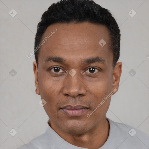Neutral black adult male with short  black hair and brown eyes