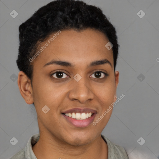 Joyful latino young-adult female with short  brown hair and brown eyes