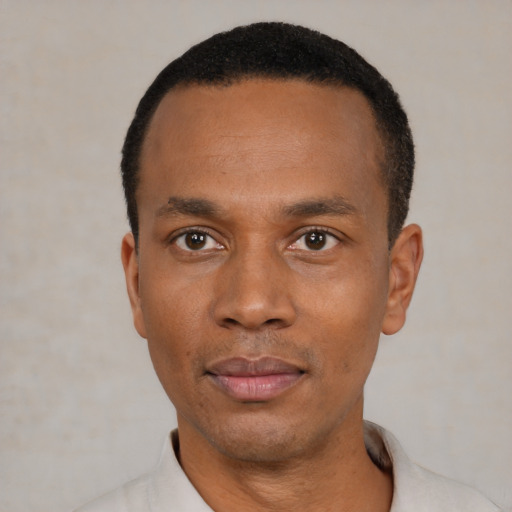 Neutral black young-adult male with short  black hair and brown eyes