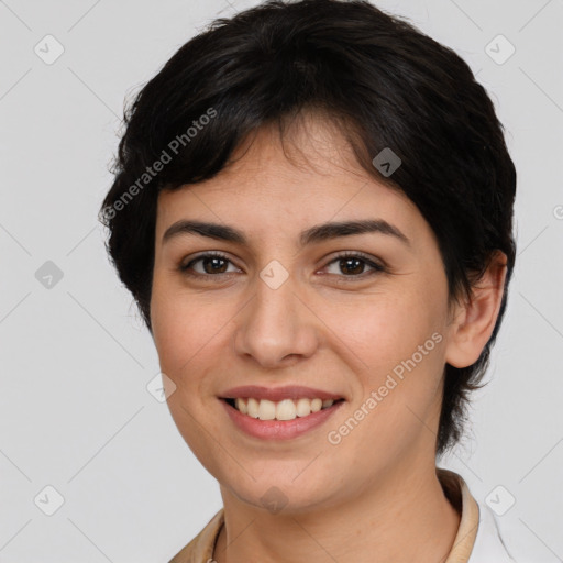 Joyful white young-adult female with medium  brown hair and brown eyes