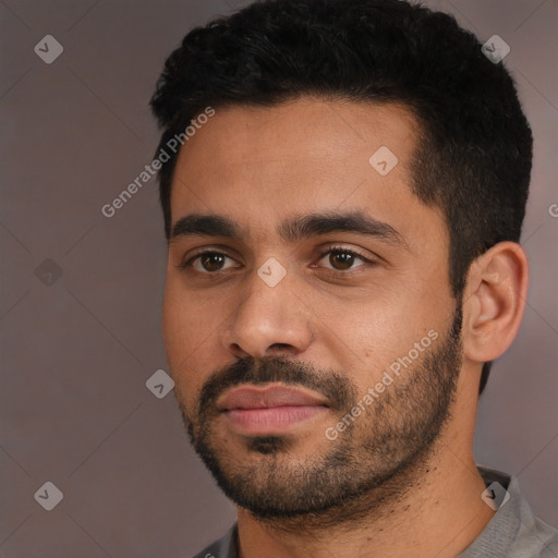 Neutral white young-adult male with short  black hair and brown eyes