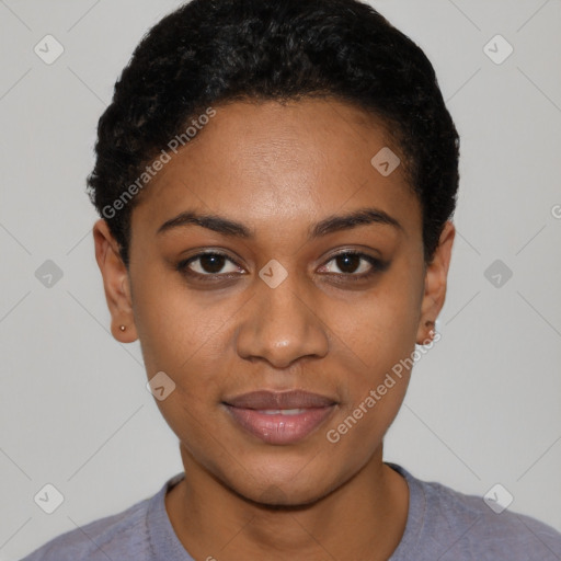 Joyful black young-adult female with short  black hair and brown eyes