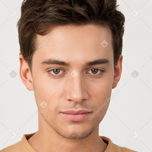 Neutral white young-adult male with short  brown hair and brown eyes