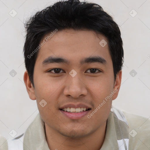 Joyful asian young-adult male with short  black hair and brown eyes