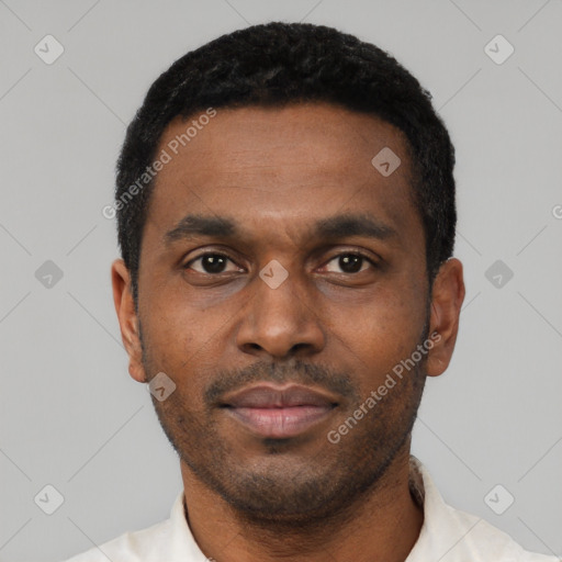 Neutral latino young-adult male with short  black hair and brown eyes