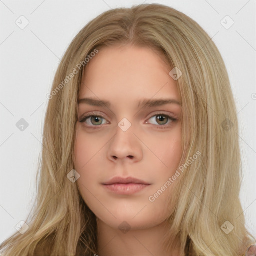 Neutral white young-adult female with long  brown hair and brown eyes