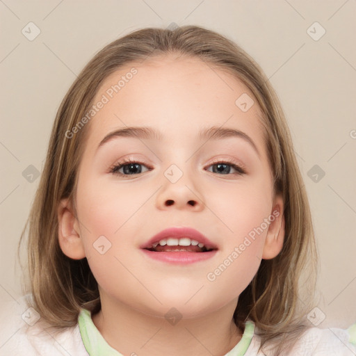 Joyful white child female with medium  brown hair and brown eyes