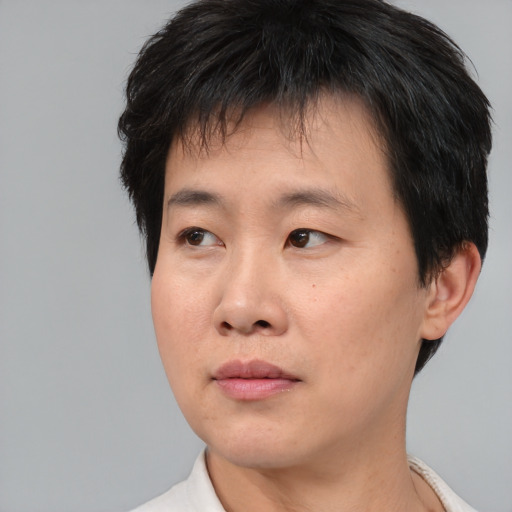 Neutral asian young-adult male with short  brown hair and brown eyes