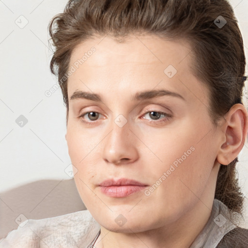 Neutral white young-adult female with medium  brown hair and brown eyes