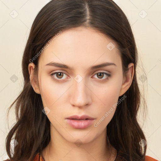 Neutral white young-adult female with long  brown hair and brown eyes