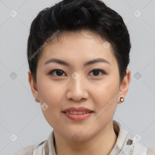 Joyful asian young-adult female with short  black hair and brown eyes