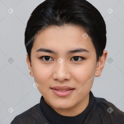 Joyful asian young-adult female with short  black hair and brown eyes