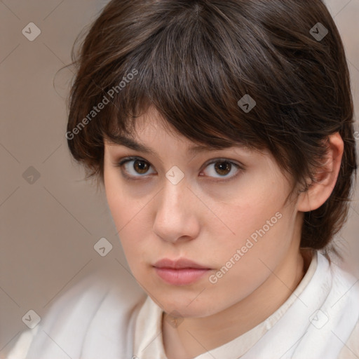 Neutral white young-adult female with medium  brown hair and brown eyes