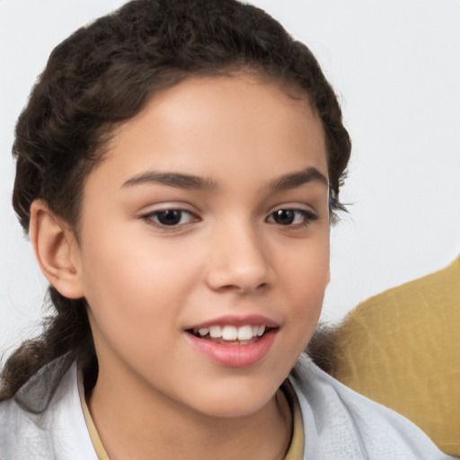 Joyful white child female with short  brown hair and brown eyes