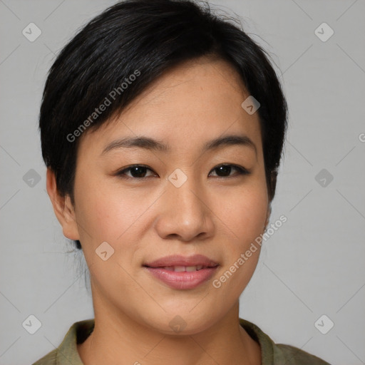 Joyful asian young-adult female with medium  brown hair and brown eyes