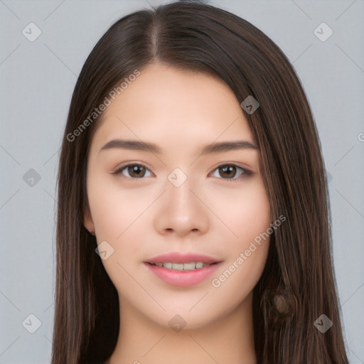 Neutral white young-adult female with long  brown hair and brown eyes