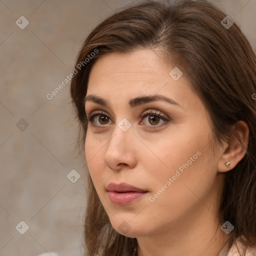 Neutral white young-adult female with medium  brown hair and brown eyes