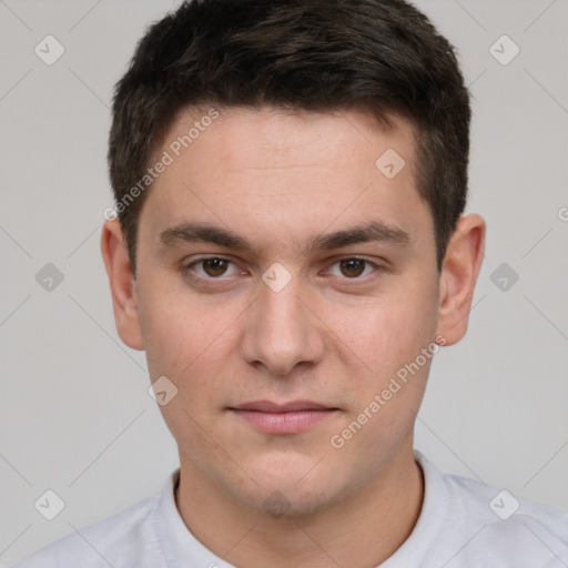 Neutral white young-adult male with short  brown hair and brown eyes