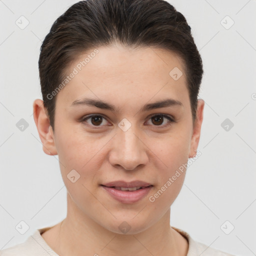 Joyful white young-adult female with short  brown hair and brown eyes