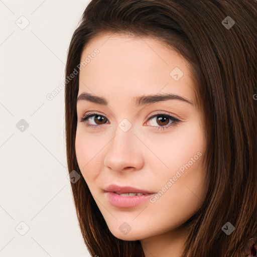 Neutral white young-adult female with long  brown hair and brown eyes