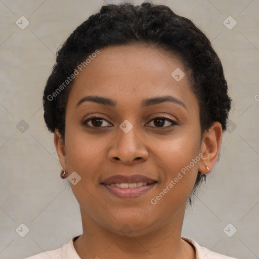 Joyful latino young-adult female with short  brown hair and brown eyes