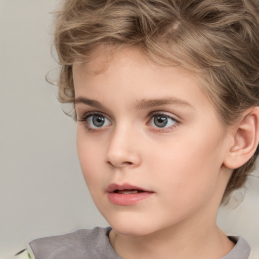 Neutral white child female with short  brown hair and grey eyes