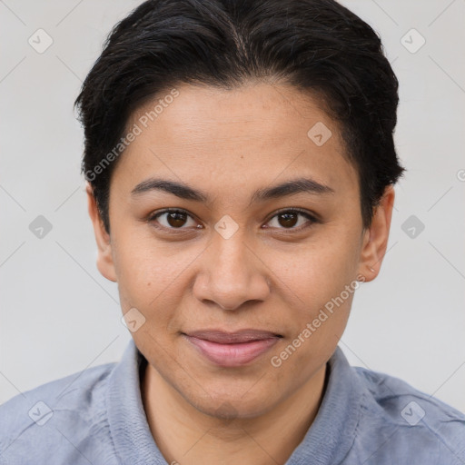 Joyful white young-adult female with short  brown hair and brown eyes