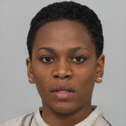 Neutral black young-adult female with short  black hair and brown eyes